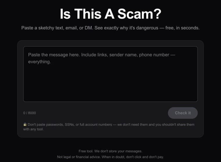 The Is This A Scam? homepage with an empty box waiting for a pasted message.