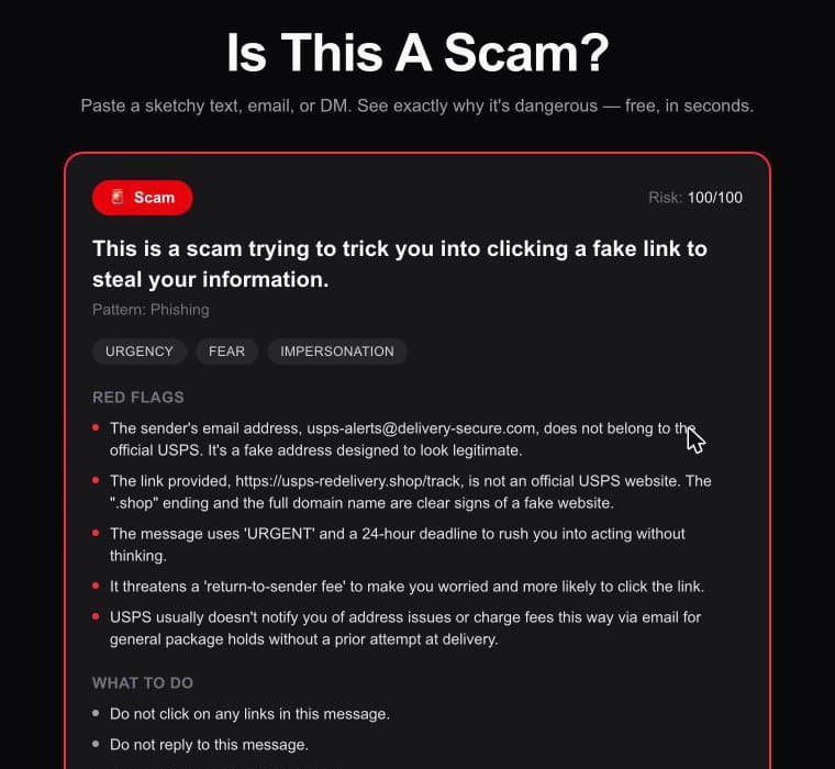 A result card marked Scam with a risk score and a list of specific red flags found in the message.